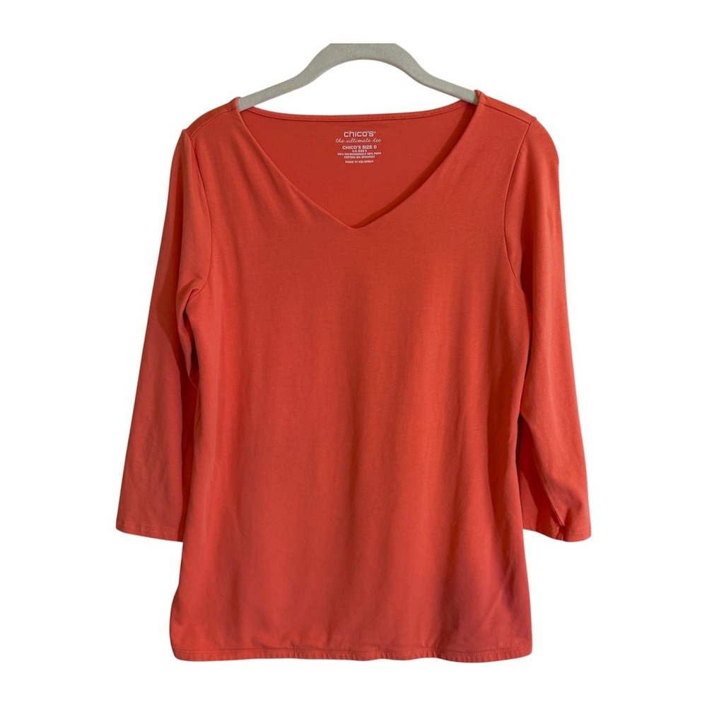 Chicos The Ultimate Tee Women S Orange Peach V-Neck 3/4 Sleeve Pima Cotton Top